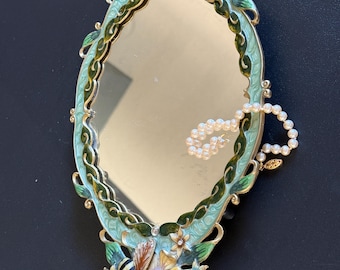 Vintage Matson-Style Enameled Floral Mirror Tray W/Bees Vanity Mirror Decorative Mirror