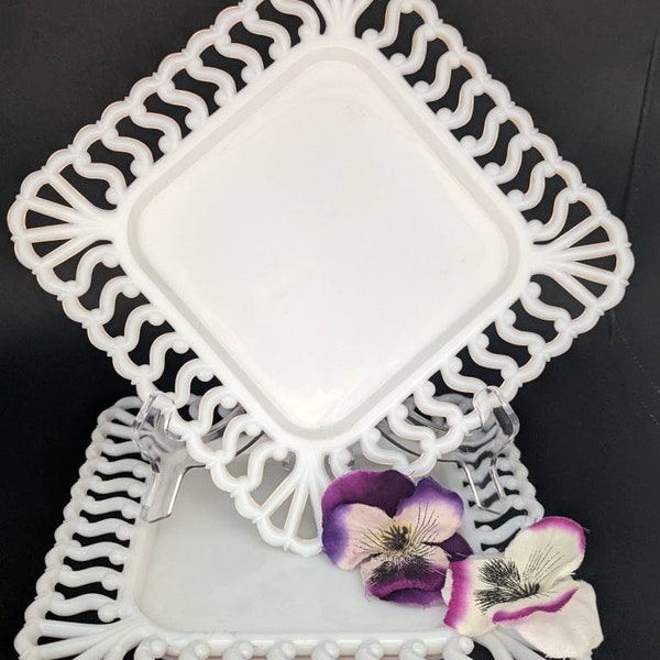 1962 Westmoreland Milk Glass Reticulated S Pattern 8-3/8" Sqaure Luncheon Plate Set of 2-Mid Century Milk Glass Plates