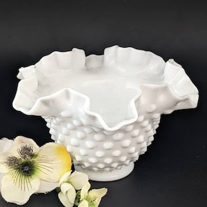 1948-1973 Fenton 6&quot; Round Crimped Bowl Hobnail Milk Glass-Pre Fenton-Logo-Farmhouse Decor