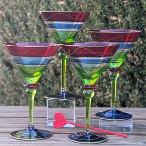 VTG Pier 1 Imports Multicolored Ruby/Green/Blue Stripes Gold Trim Hand Blown Romania Martini Glasses Set Of 4/Discontinued/Cocktail Glasses