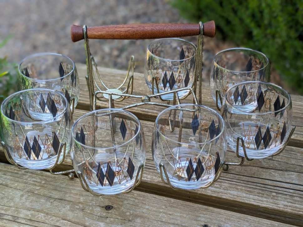 Vintage Hot Toddy Punch Glasses Set of 4 Brass Handle Painted Scroll Design  from