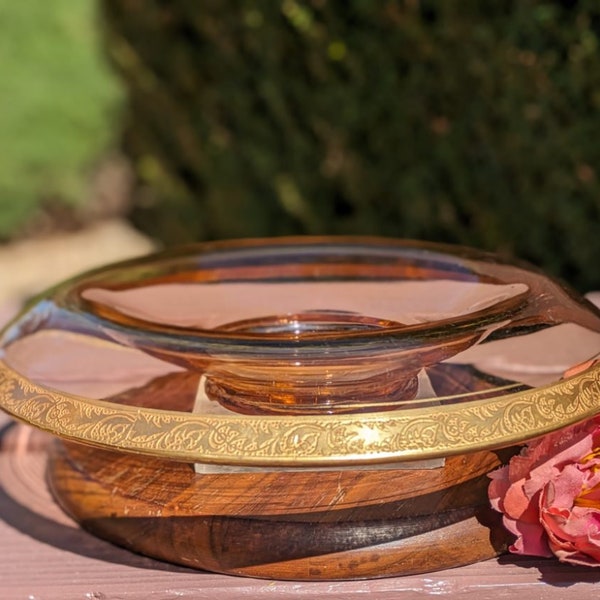 1930S-40S 12" Rolled Edge Bowl Pink W/Gold Encrusted Rim Depression Glass Tiffin Glass/Cambridge Style