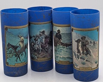 1960S Frederic Remington & Charles Russel For Beams Choice-Collectors Edition Blue And Gold Drizzle Hi Ball Glasses-Old West-Artist