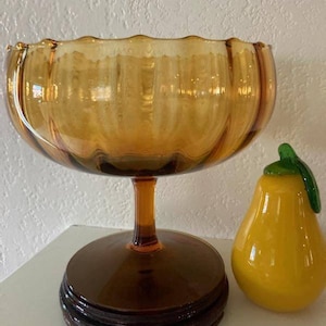 1950 Empoli Blown Amber Optic Paneled Glass Compote Pedestal Bowl-MCM-Art Glass-Murano Art Glass-Italian Art Glass-Fruit Bowl-Handblown