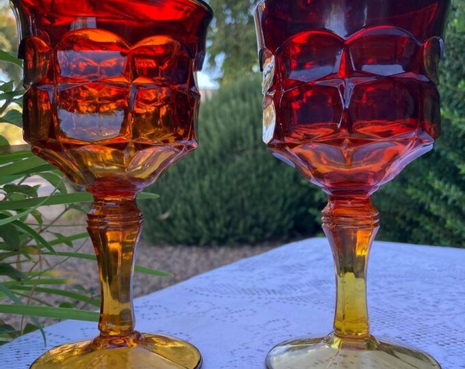 1970 Tiara Glass Company Constellation Sunset Amberina Goblets Set of 2