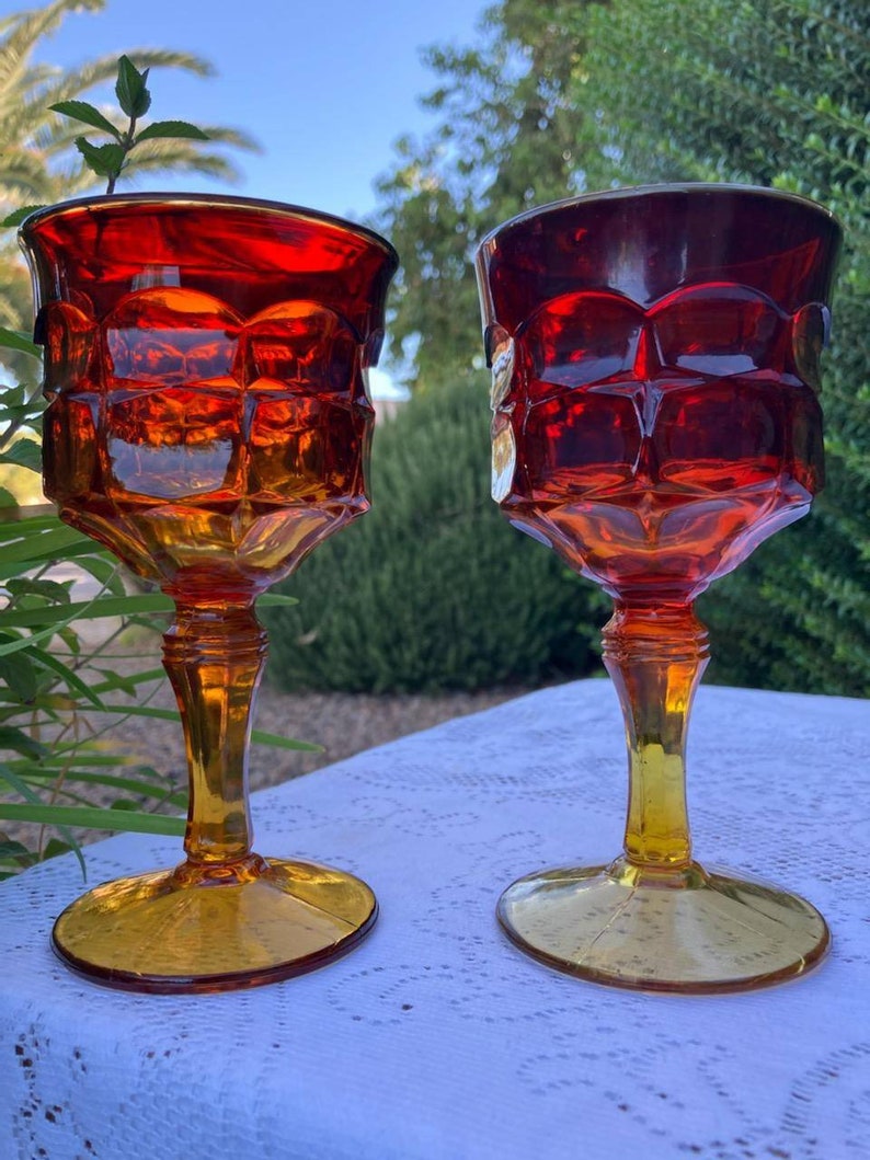 1970 Tiara Glass Company Constellation Sunset Amberina Goblets Etsy