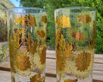 1960 Bartlett Collins 22K Pokee Chrysanthemum Gold & Yellow Glasses Set 2 MCM Barware Cocktail/Gold Flowers/Tumblers