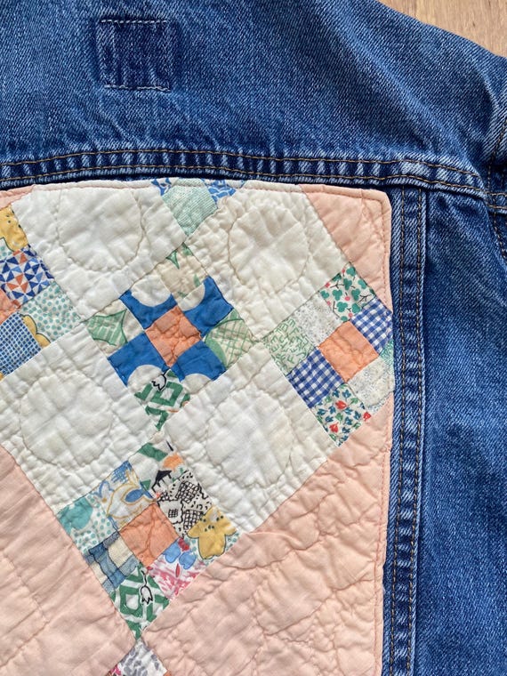 Upcycled Jean Jacket w/Vintage Quilt Back