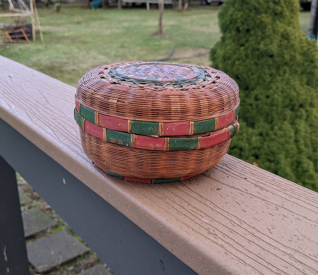 Old Handmade Reed and Cane Lidded Basket - Etsy