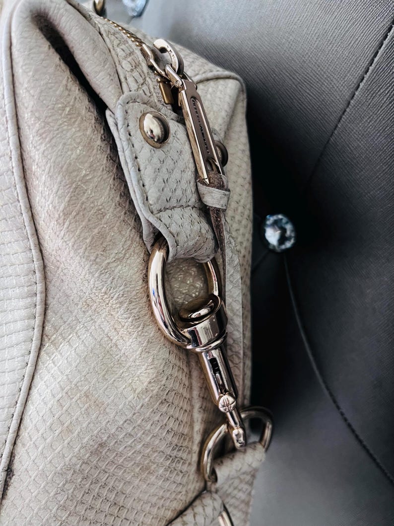 Pu&ograve; includere: Primo piano di una borsa grigio chiaro con un motivo strutturato simile alla pelle di serpente. La borsa presenta elementi metallici color argento, tra cui una chiusura, una cerniera e rivetti decorativi. La tracolla della borsa &egrave; fissata con un moschettone in metallo argentato.