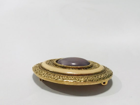 Vintage Gold Tone Brooch With Enamel and Purple S… - image 3