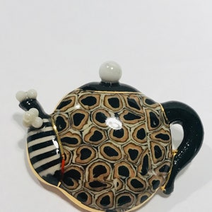 Vintage Ceramic Teapot Enamel Brooch With Custom Pearls