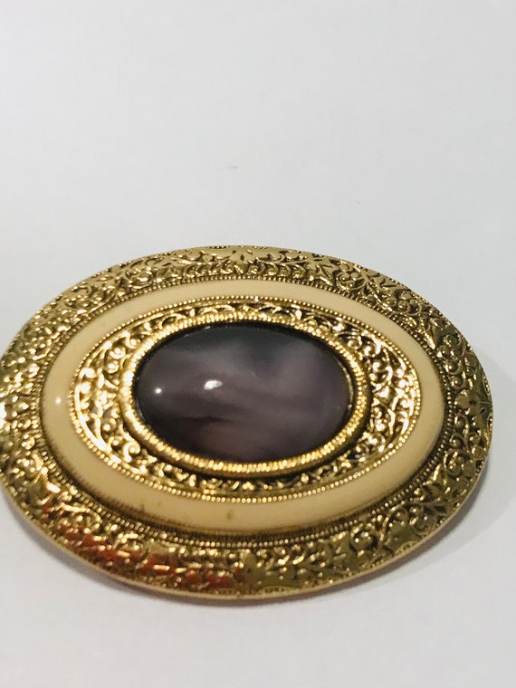 Vintage Gold Tone Brooch With Enamel and Purple S… - image 1