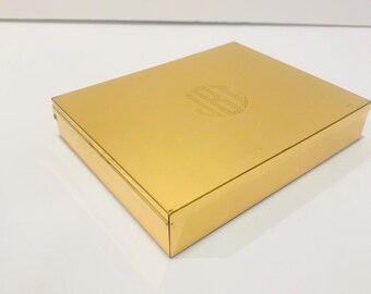 Vintage Gold Metal Engraved Monogrammed Pinochle Card Box 5”-4”-1”