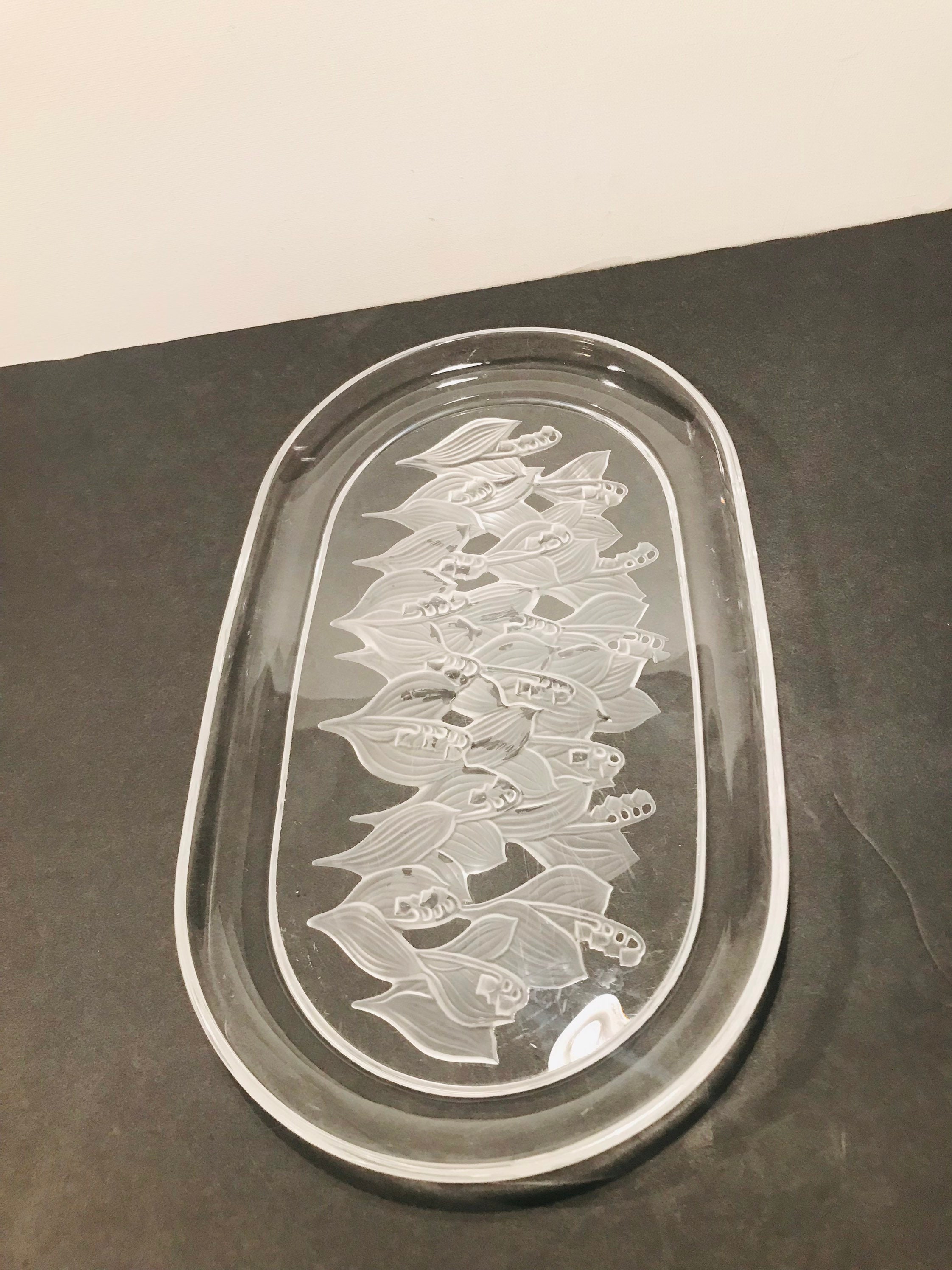 Vintage Sasaki Oval Crystal Plate Lily of Valley Frosted Plate 14