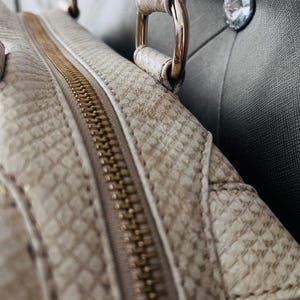 Pu&ograve; includere: Primo piano di una borsa beige con un motivo strutturato a pelle di serpente. La borsa presenta una cerniera color oro e finiture metalliche abbinate sui manici. Il design della borsa include un motivo trapuntato.