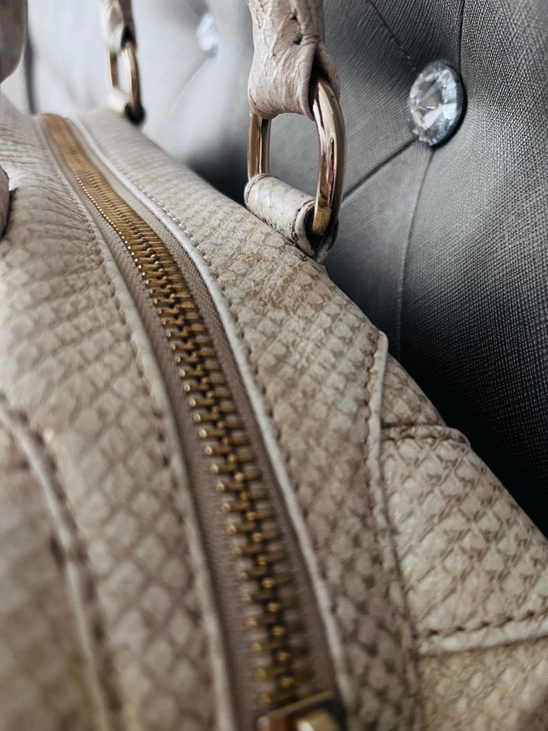 Pu&ograve; includere: Primo piano di una borsa beige con un motivo strutturato a pelle di serpente. La borsa presenta una cerniera color oro e finiture metalliche abbinate sui manici. Il design della borsa include un motivo trapuntato.