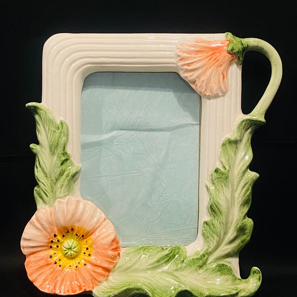 Vintage Fitz & Floyd Ceramic Art Frame With Spring Flowers 7”-6” Japan