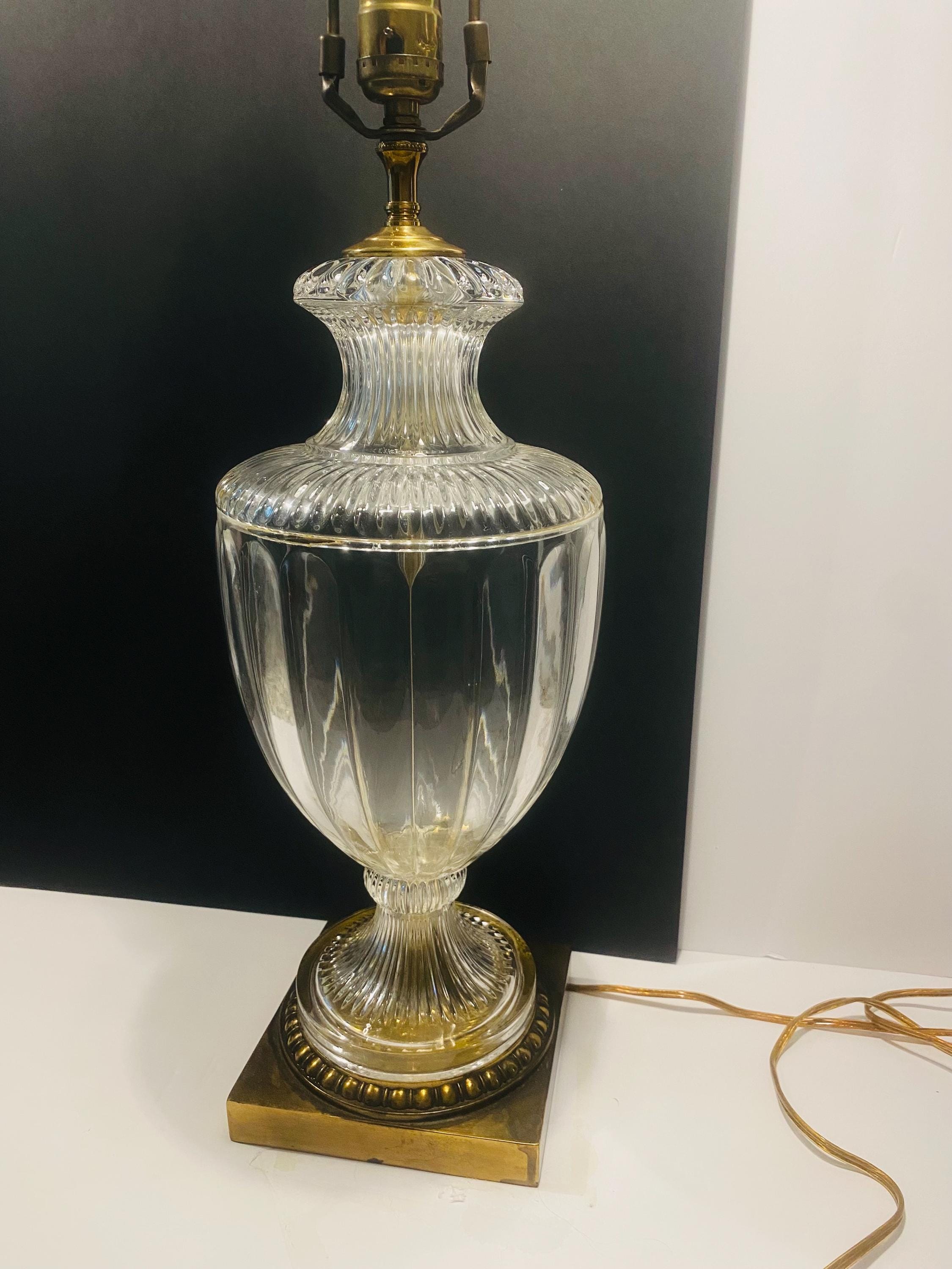 Vintage Hollywood Regency Crystal Glass & Brass Large Table Lamp 30”