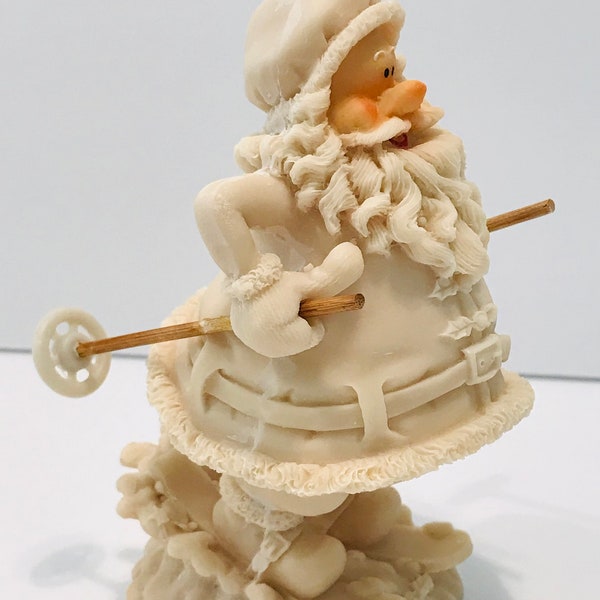 Vintage Santa on Skis Resin Cream Carved Christmas Figurine 5.25”