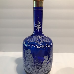 Vintage Bohemian Cobalt Blue Glass Mary Gregory Czech Hand Painted Decanter 11”