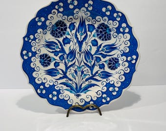 Vintage Handmade Turkish Decorative Plate Iznik Design Blue & White 12.25”