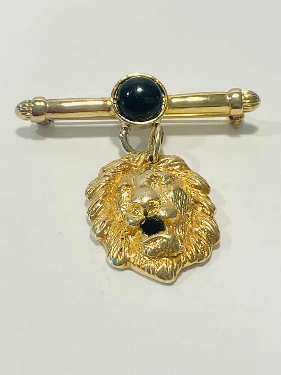 Vintage Gold Lion Brooch With Black Rhinestone 2”