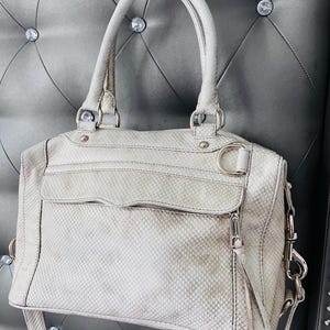 Pu&ograve; includere: Una borsa grigio chiaro con un motivo a pelle di serpente, con un manico superiore e una tracolla staccabile. La borsa ha una tasca frontale con cerniera e hardware color argento. La borsa &egrave; appesa a un gancio.