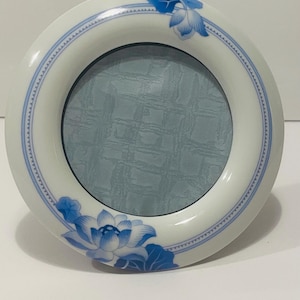 Beautiful Blue Flowers Ceramic Photo Frame Made in Japan 5.75” Diameter