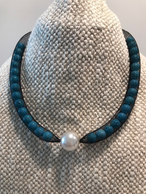 Mesh Necklace with natural round Turquoise & Arti… - image 5