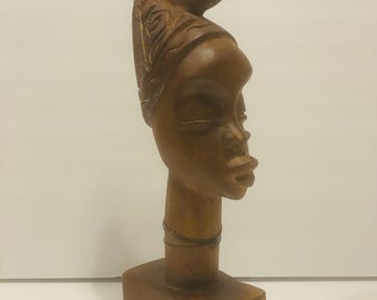 Vintage African Folk Art Wood Carved Female Bust sculpture 12”.