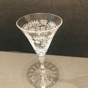 May include: A clear glass stemmed shot glass with a delicate etched floral design.