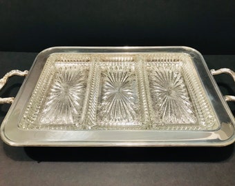 Vintage Leonard Footed Silver plated Relish Serving Snack Tray 3 Crystal Glass Inserts.