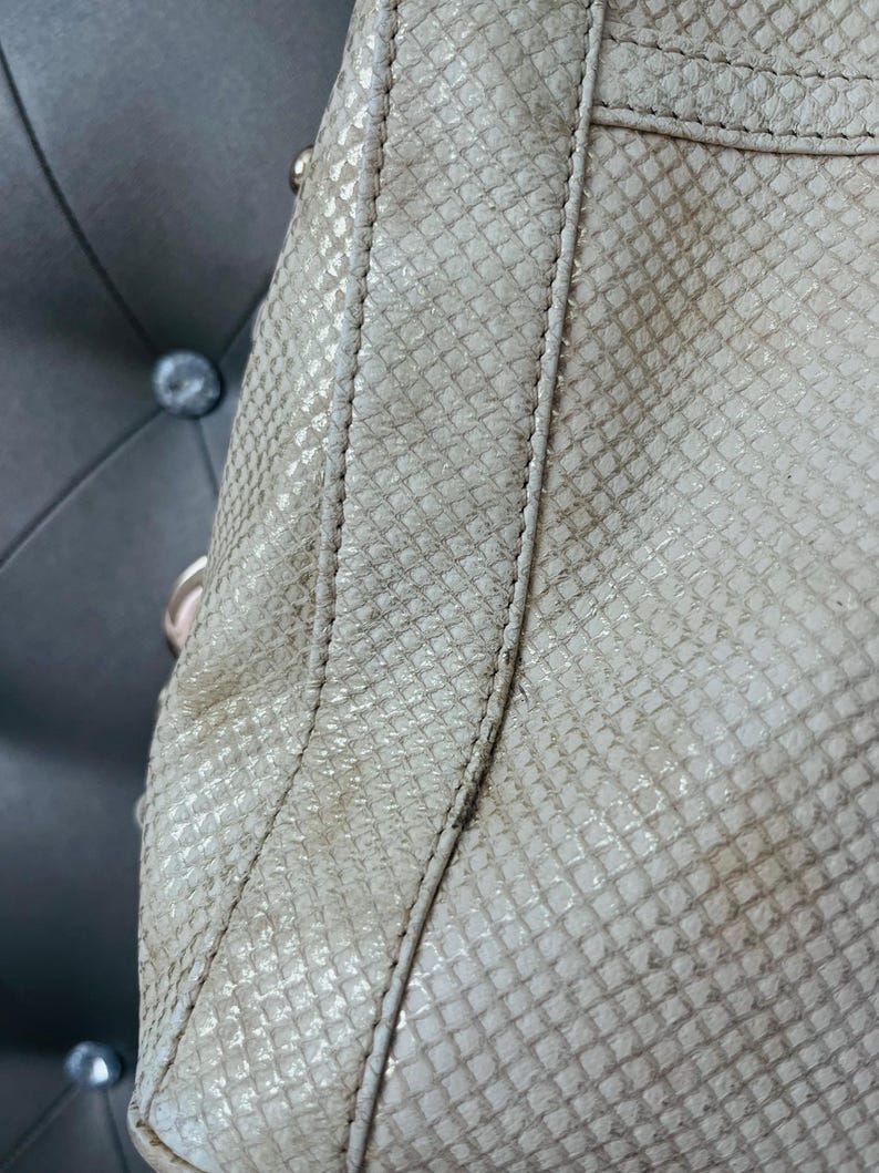 Pu&ograve; includere: Primo piano di una borsa beige con motivo a pelle di serpente. La borsa ha un design strutturato con cuciture visibili lungo le cuciture. La trama appare leggermente usurata, con sottili variazioni di colore.