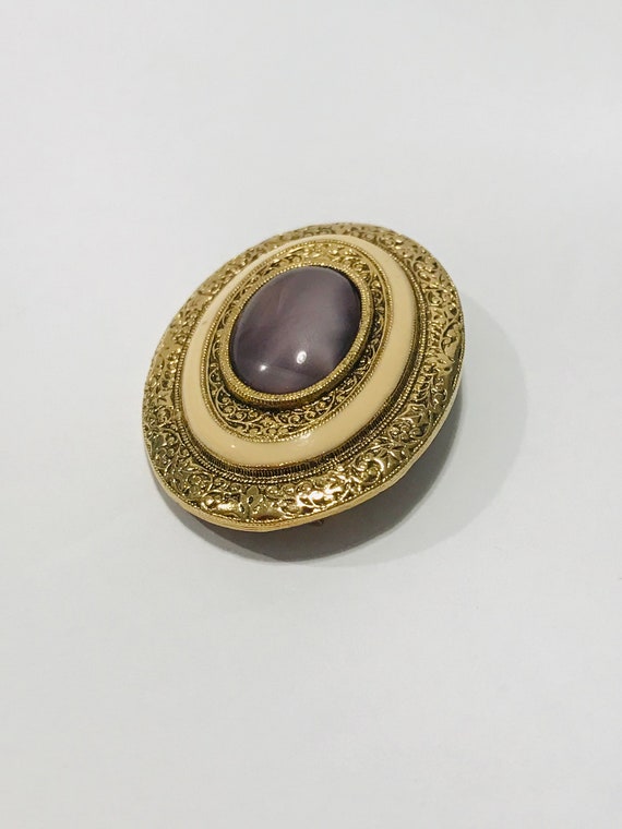 Vintage Gold Tone Brooch With Enamel and Purple S… - image 2