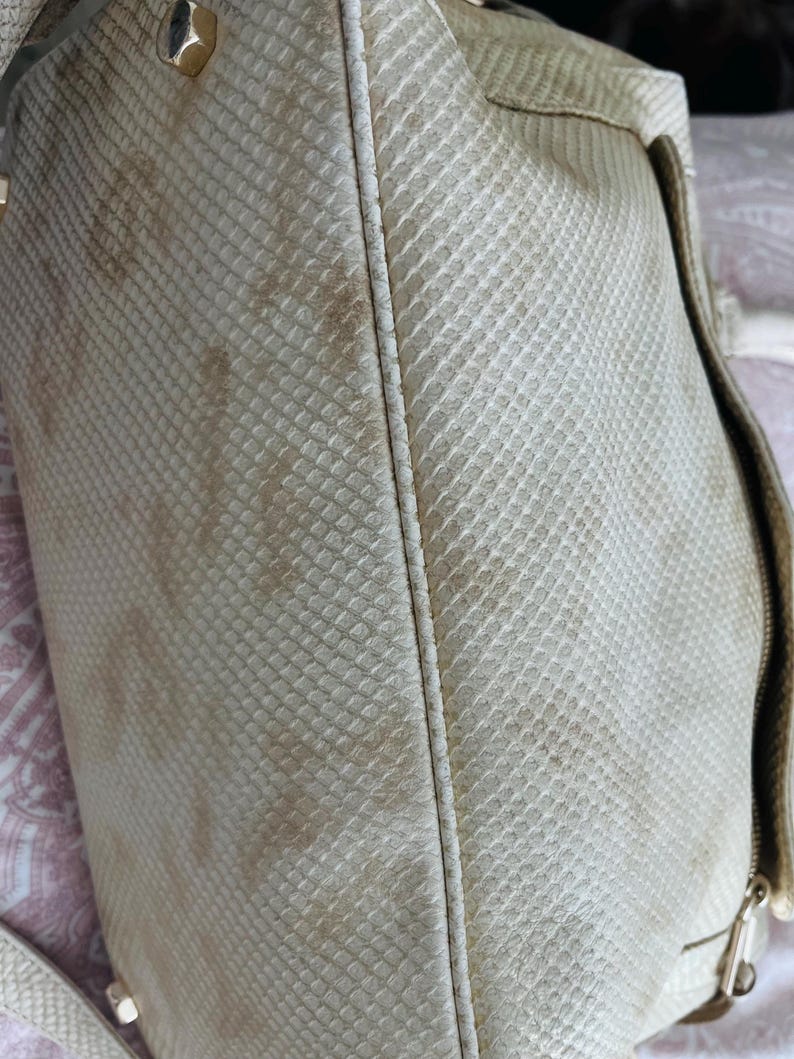 Pu&ograve; includere: Primo piano di una borsa color crema con un motivo a pelle di serpente. La borsa ha una chiusura con cerniera e finiture color oro. La borsa mostra segni di usura con scolorimento.