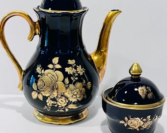 Bareuther Waldsassen Echt Cobalt Coffee Pot & Sugar Bowl Gold Roses Bavaria