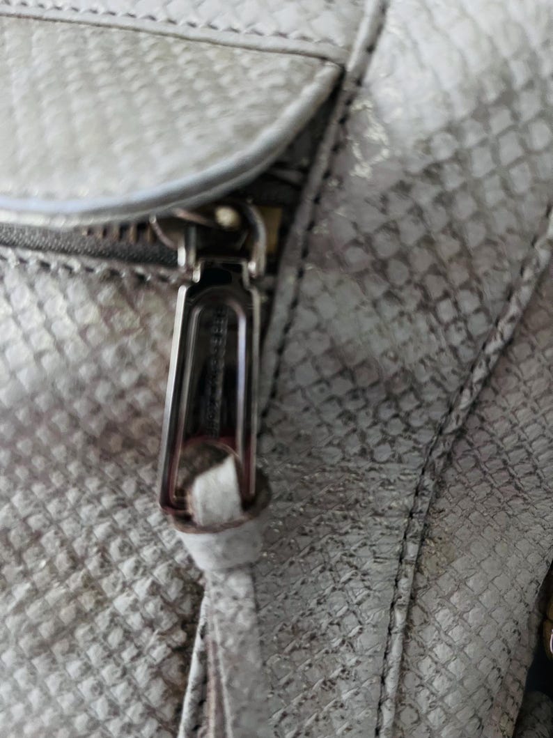 Pu&ograve; includere: Primo piano di una borsa grigio chiaro con un motivo a pelle di rettile. La cerniera lampo &egrave; argentata e ha un piccolo nappa in pelle abbinato. La trama della borsa &egrave; visibile, con dettagli di cucitura.