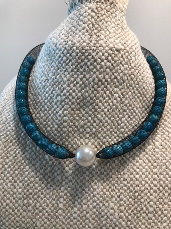Mesh Necklace with natural round Turquoise & Arti… - image 1