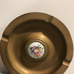 Vintage Brass with Flowers Porcelain Center Ashtray