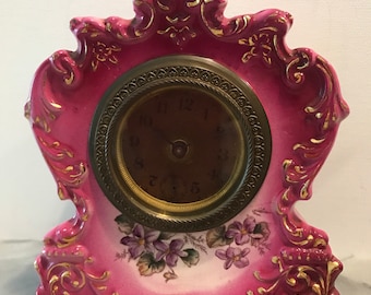 Antique Rare 6” Porcelain Boudoir WM. Gilbert Clock Marked FERN Hand Painted Flowers