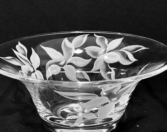 Vintage Franz Grosz Signed Art Glass Large Bowl Centerpiece Etched Flowers 11.5”