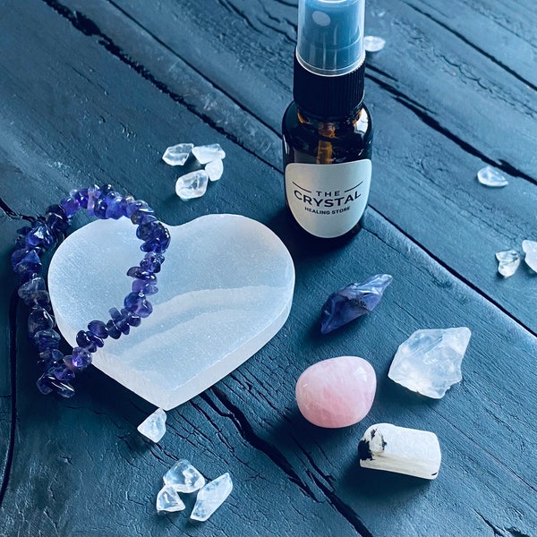 Kit de cristal para superar la ansiedad con elixir/spray de esencias. Amatista, cuarzo rosa, piedra lunar, selenita, cuarzo transparente. Aceite esencial infundido