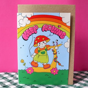 Grußkarte | Pilz auf Roller, bunte Retro, Kinder Illustration
