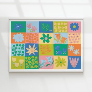 Puede incluir: Un diseño de patchwork colorido con varias flores, hojas y formas geométricas. El diseño está formado por 16 cuadrados, cada uno con un patrón diferente. Los colores utilizados son brillantes y alegres, incluyendo azul, verde, amarillo, naranja y rosa.