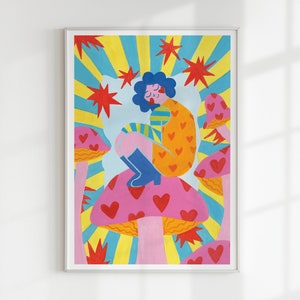 Abstract Lady Mushroom Print | Funky Retro Shapes, Fantasy Illustration, Matisse-Inspired, Gouache, Wall Art