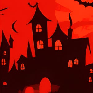 May include: A silhouette of a haunted house with a full moon and bats against a red background. The image features a spooky castle with multiple windows, a crescent moon, and a carved pumpkin. A Halloween-themed illustration.