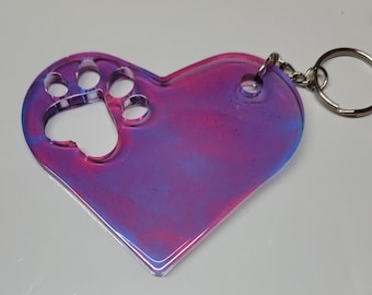 Tie-dye Pink and Blue Big Heart w/ Paw Print Keychain