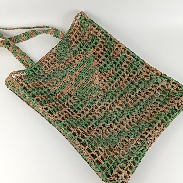 Green Beige Raffia Tote Bag, Crochet Bag, Summer Tote, Beach Bag, Shopping Bag, Shoulder Bag