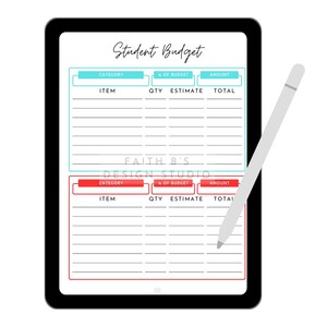 May include: A digital student budget template on a black tablet. The template includes sections for "Category," "% of Budget," and "Amount." A stylus is positioned on the screen. The template is designed by Faith B's Design Studio. Measurements are in cm.